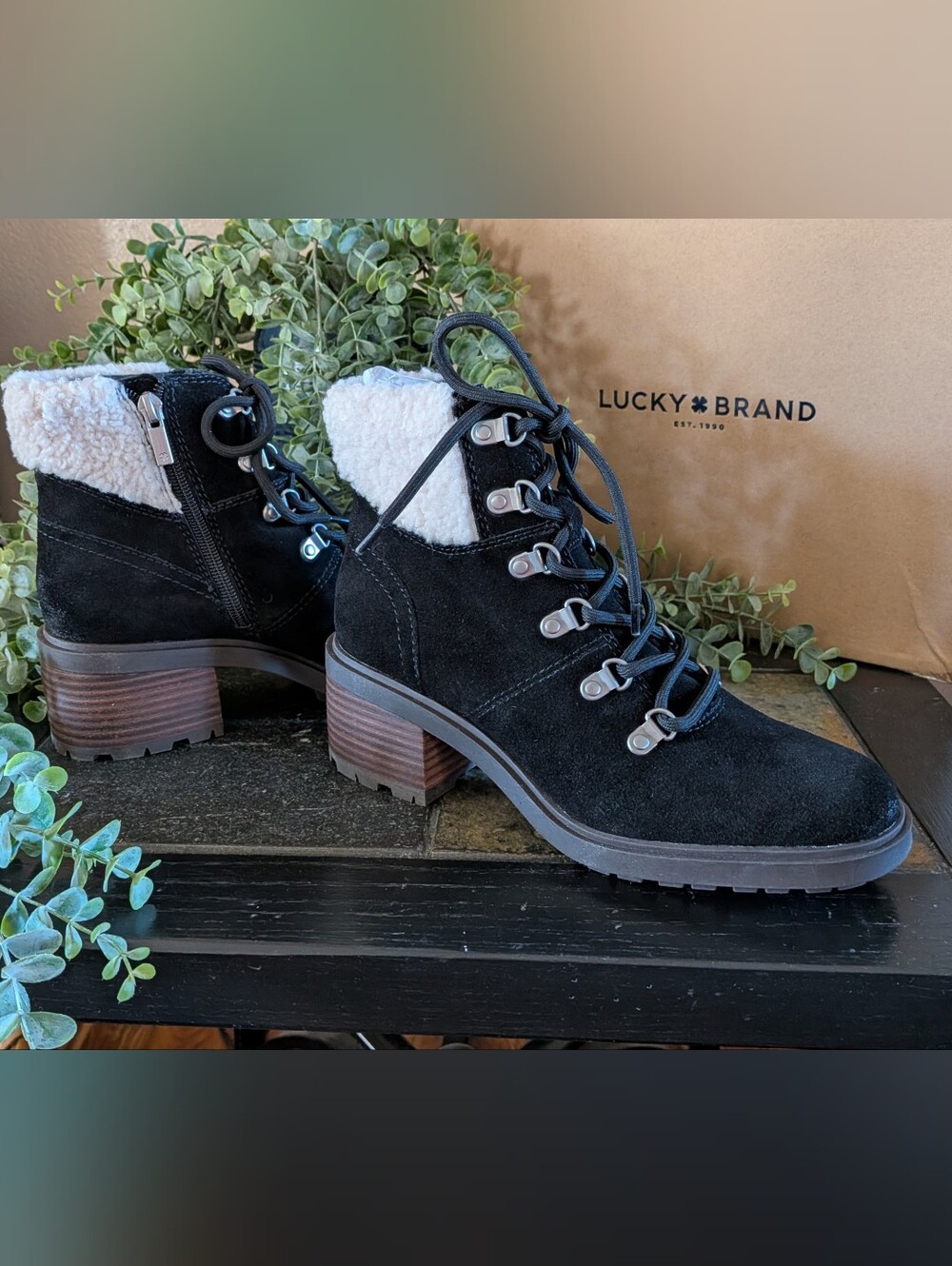 NWT! Lucky Brand Faux Shearling Bootie in Black Oiled Suede Size 7M